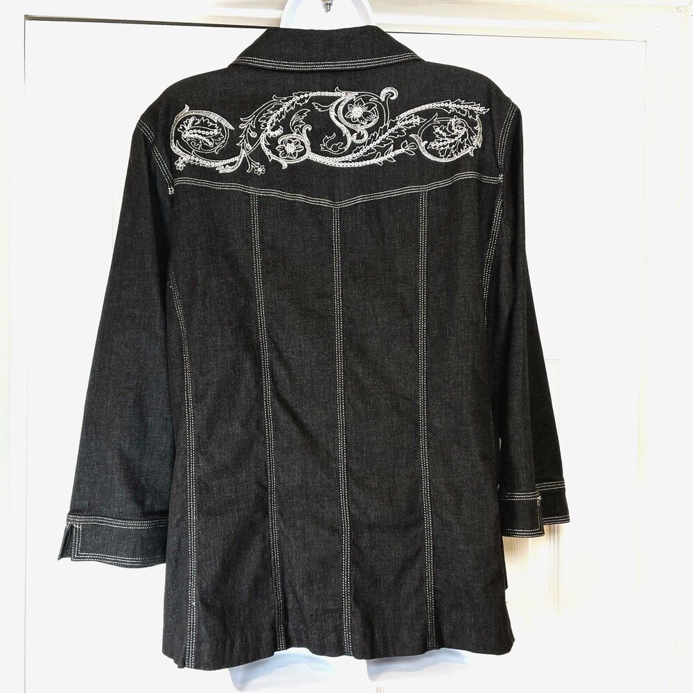 SUSAN GRAVER Set Sz L Jacket Gaucho Pants Black Silver Sequin 3/4 Sleeve Capri